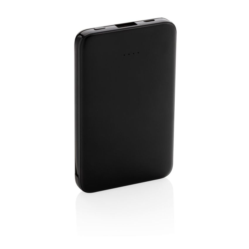 Pocket 5,000 mAh power bank with integrated cables