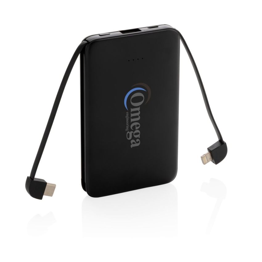 Pocket 5,000 mAh power bank with integrated cables
