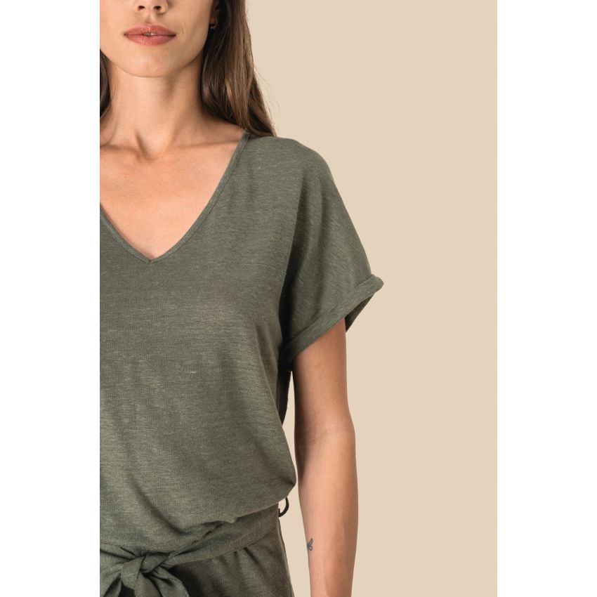 Women's short-sleeved linen knit jumpsuit